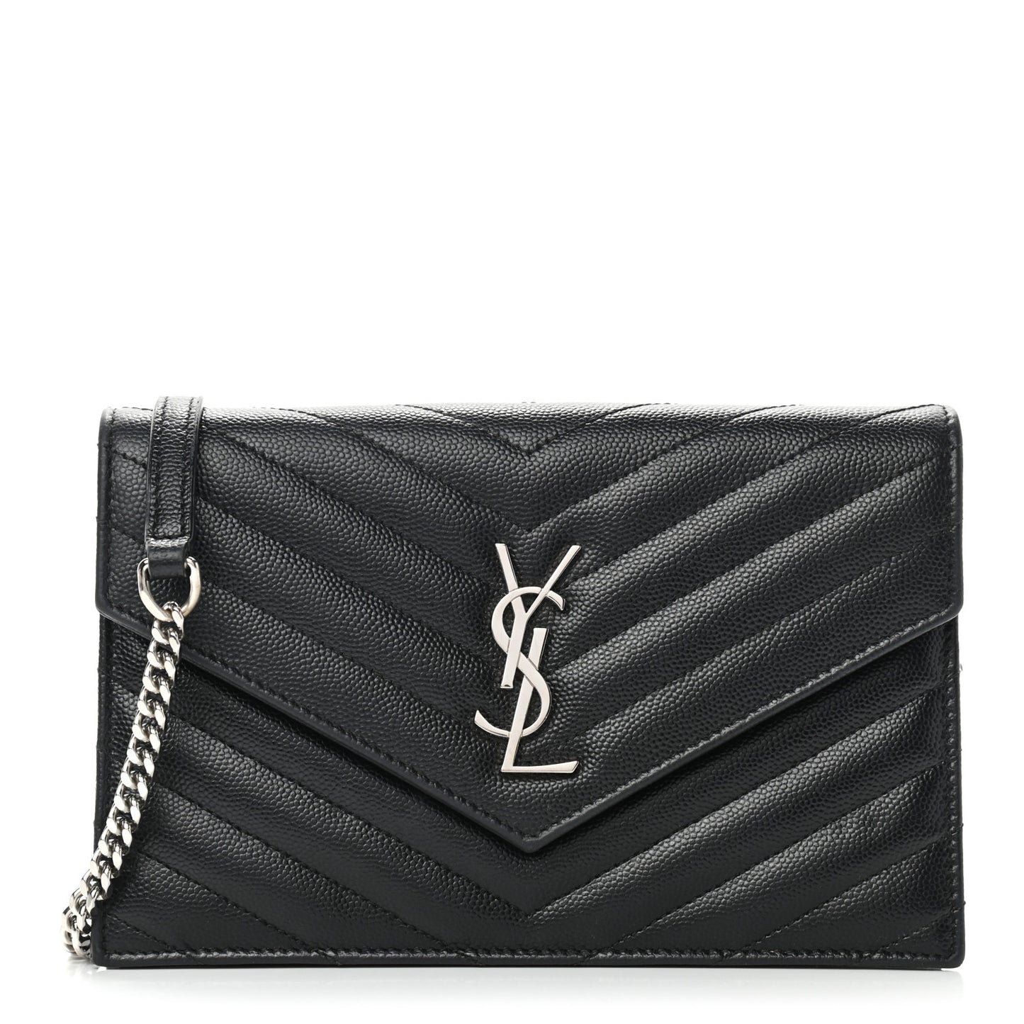 Grain De Poudre Matelasse Chevron Monogram Envelope Chain Wallet Black