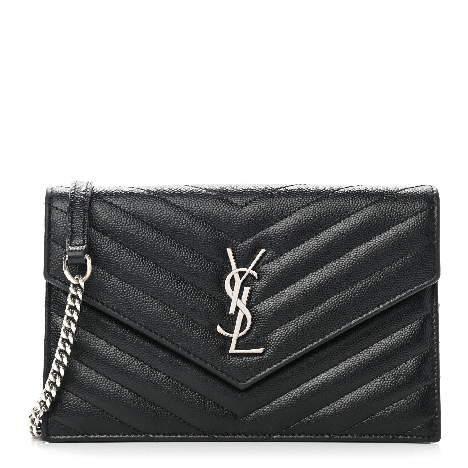 Saint Laurent Grain De Poudre Matelasse Chevron Monogram Envelope Chain Wallet Black 1 of 12
