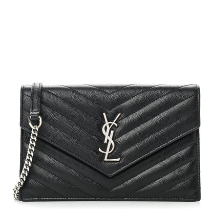 Saint Laurent Grain De Poudre Matelasse Chevron Monogram Envelope Chain Wallet Black 1 of 12