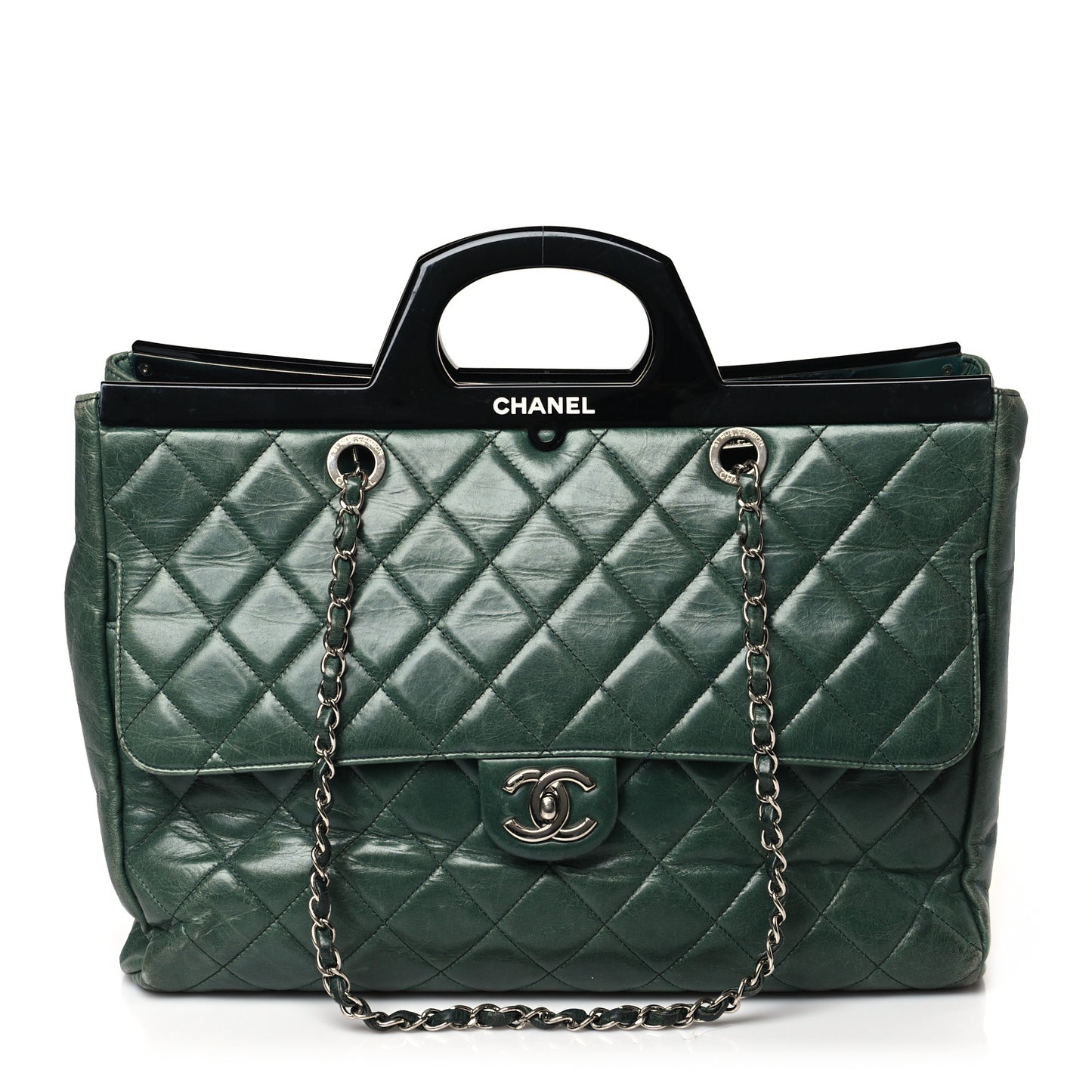 Glazed Calfskin Quilted Large CC Delivery Tote Green