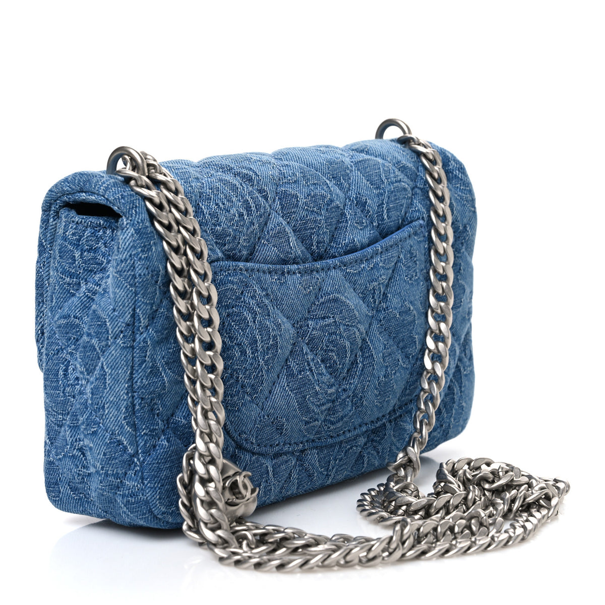 Denim Quilted Camellia Sweetheart Mini Flap Blue