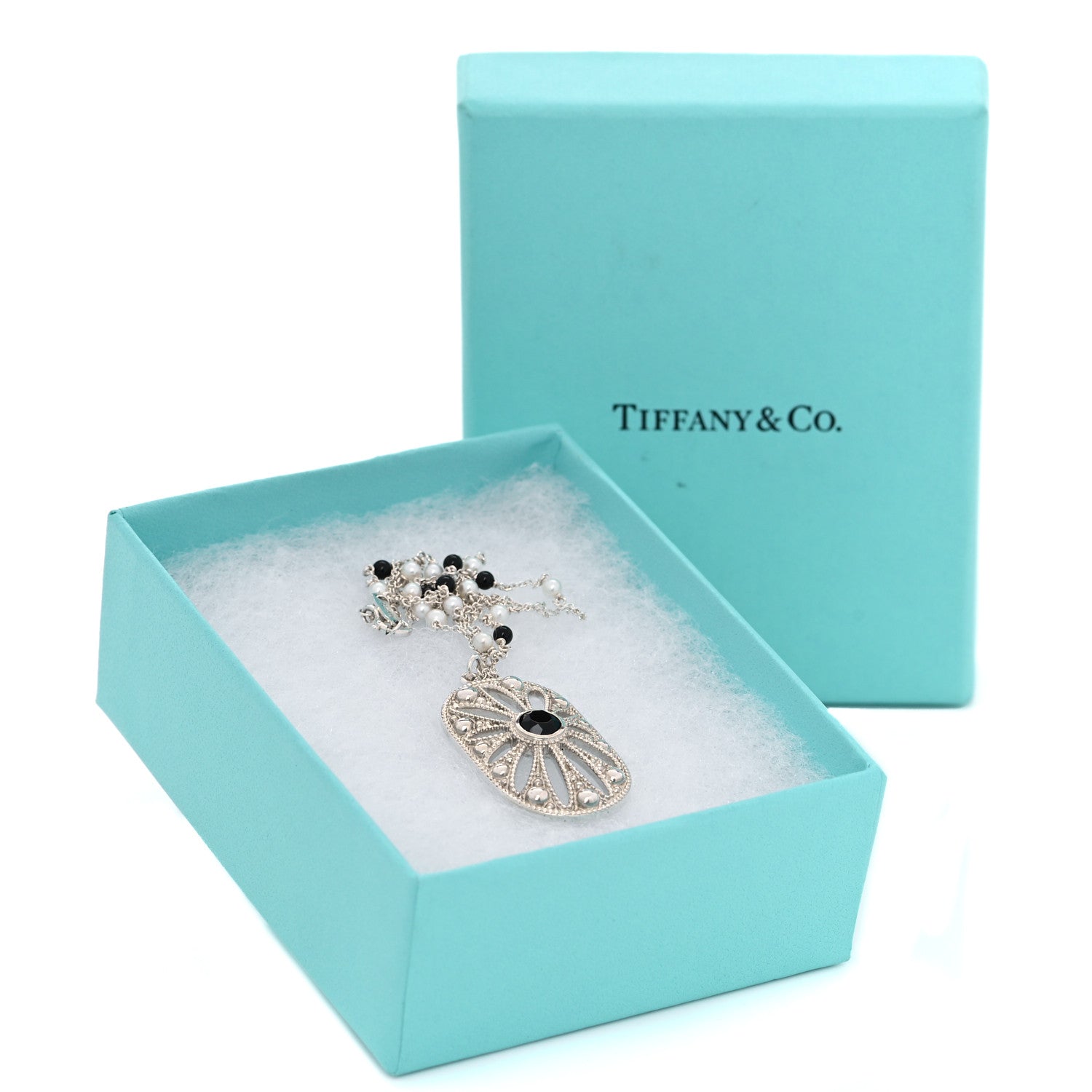 Tiffany Sterling Silver Black Onyx Pearl Ziegfeld Daisy Pendant Necklace 6 of 6