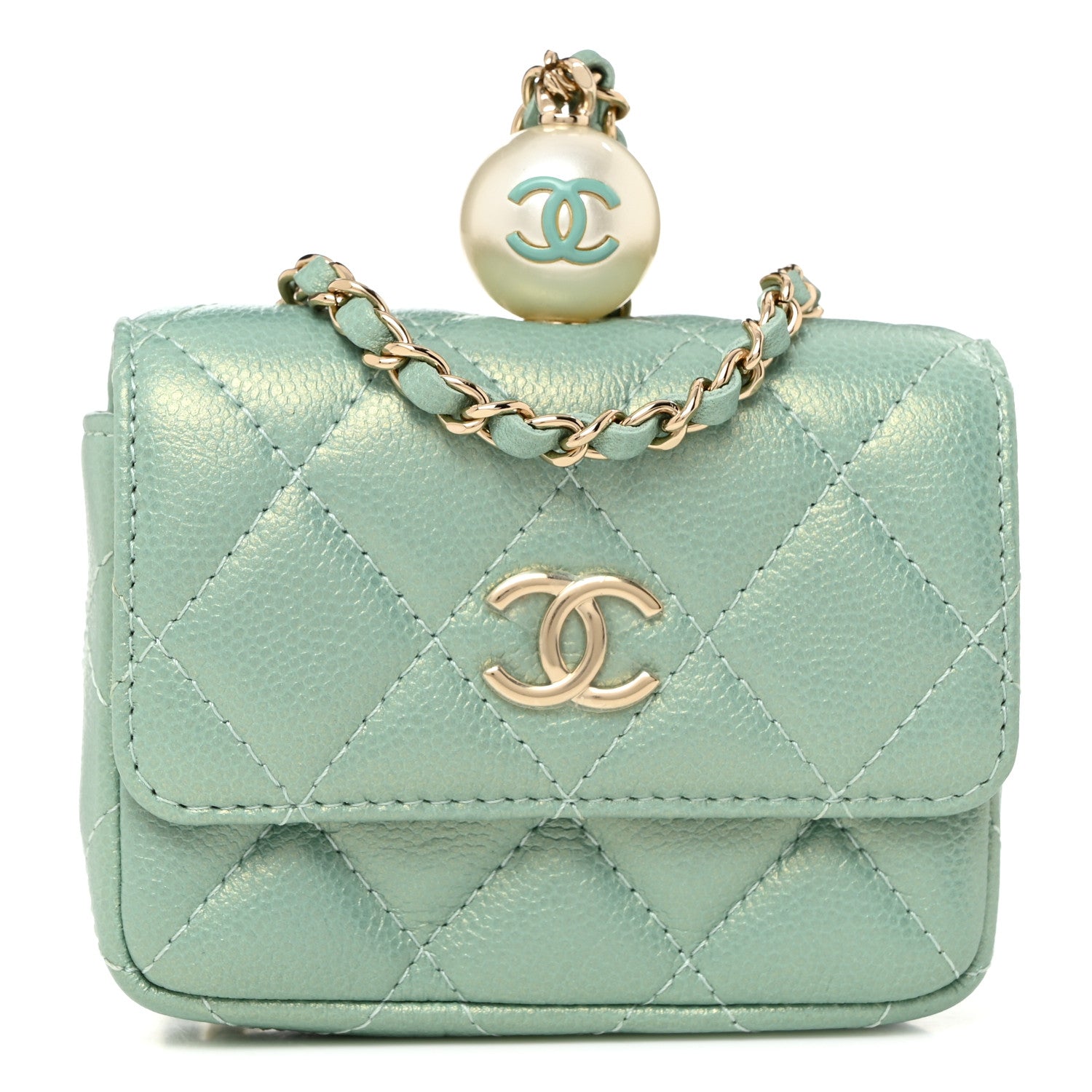 Chanel Iridescent Caviar Quilted Pearl On Top Coin Purse With Chain Light Green 1 of 9
