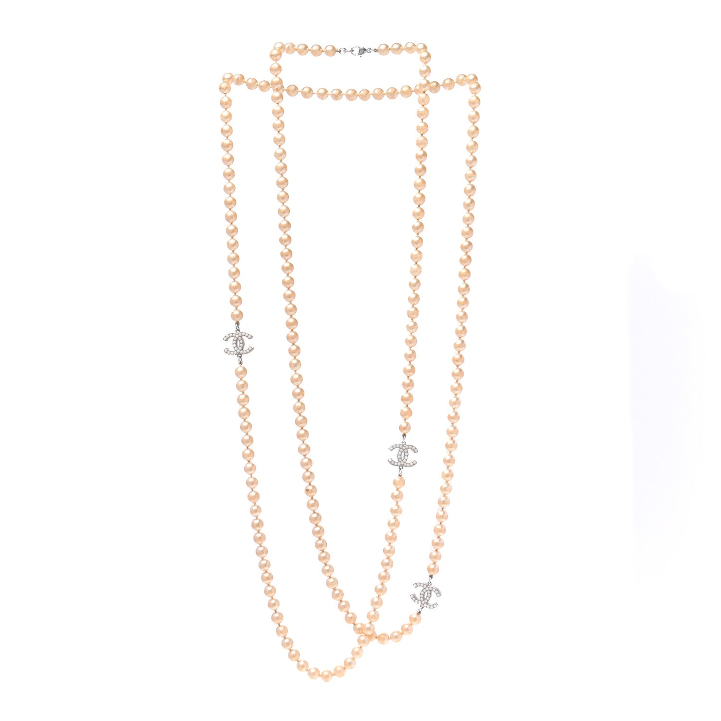 Crystal Pearl CC Long Necklace Silver