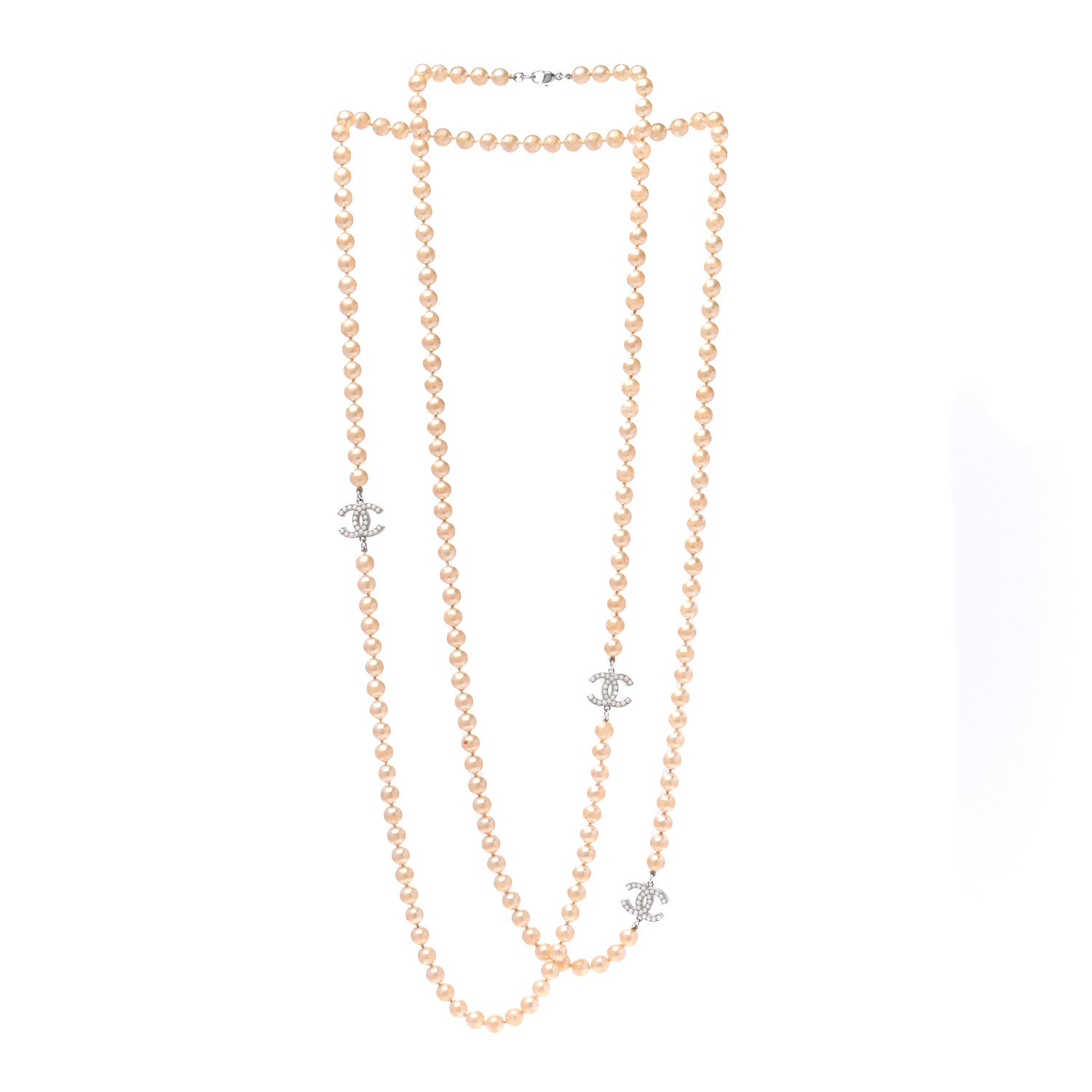 Chanel Crystal Pearl CC Long Necklace Silver 3 of 5