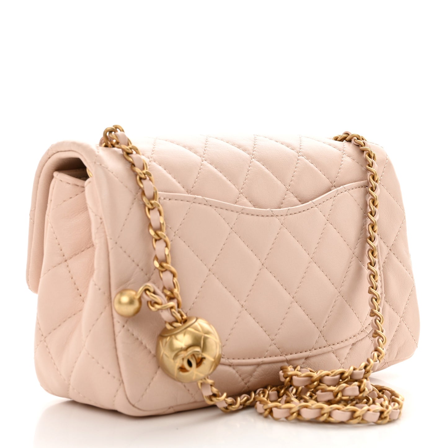 Lambskin Quilted Mini Pearl Crush Rectangular Flap Light Beige