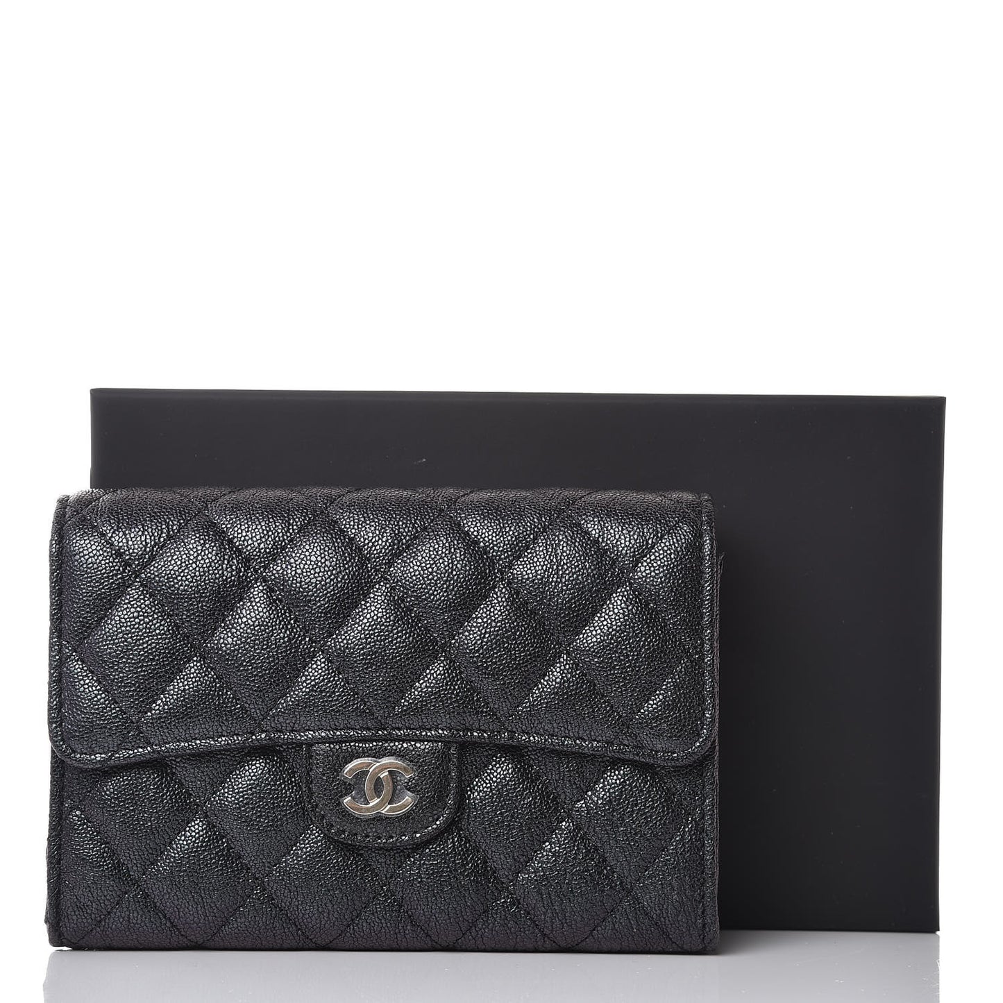 Iridescent Caviar Quilted Medium Flap Wallet Black