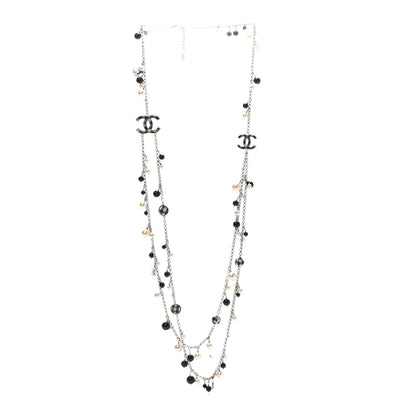 Chanel Pearl Beaded Gingham CC Long Necklace Silver Black 3 of 5