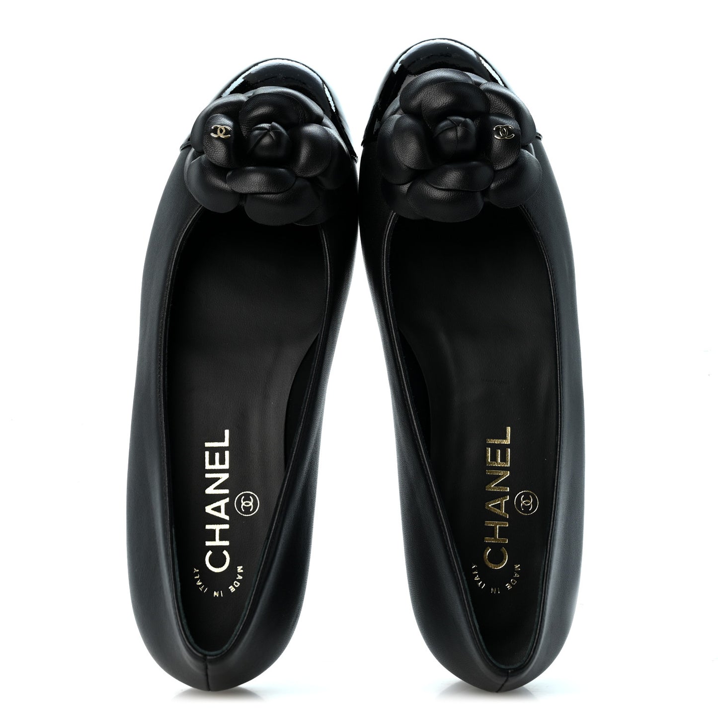 Lambskin Patent Cap Toe Camellia Ballerina Flats 38.5 Black