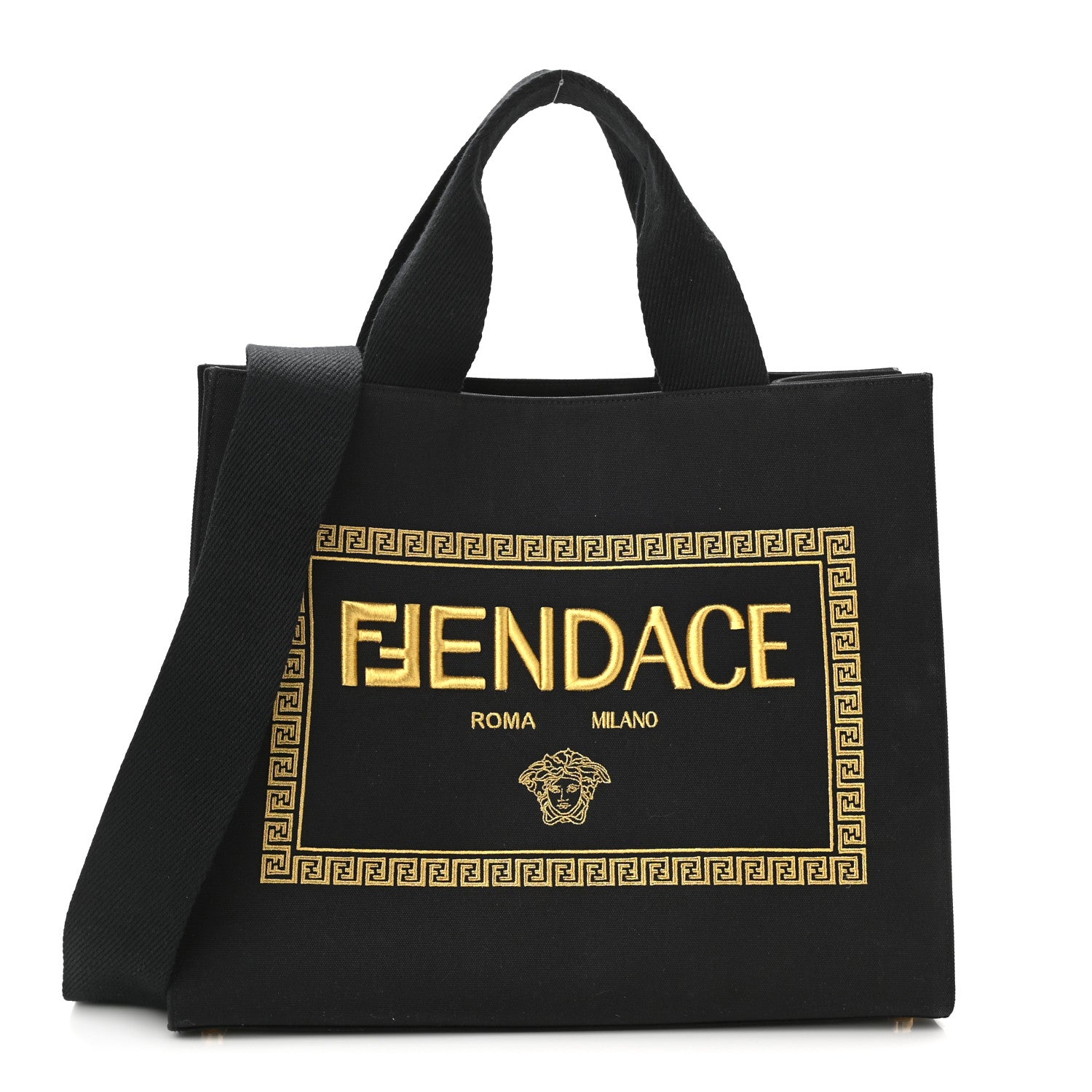 Fendi X VERSACE Cotton Canvas Cuoio Romano Fendace Logo Embroidered Signature Shopping Tote Black Gold 1 of 10