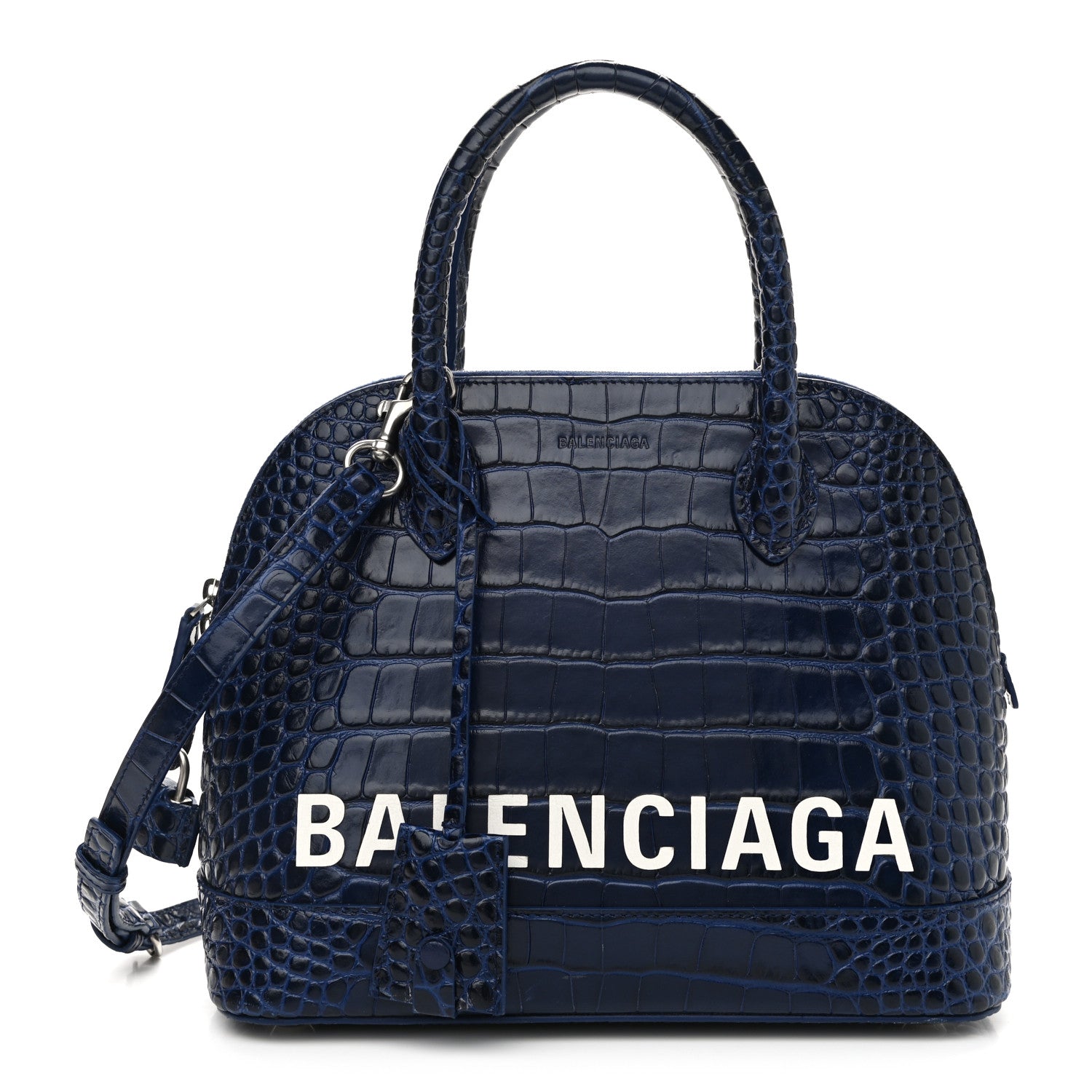 Balenciaga Shiny Calfskin Logo Crocodile Embossed S Ville Top Handle Bag Navy White 1 of 10
