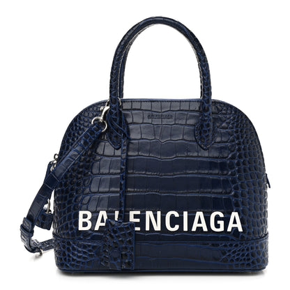 Balenciaga Shiny Calfskin Logo Crocodile Embossed S Ville Top Handle Bag Navy White 1 of 10