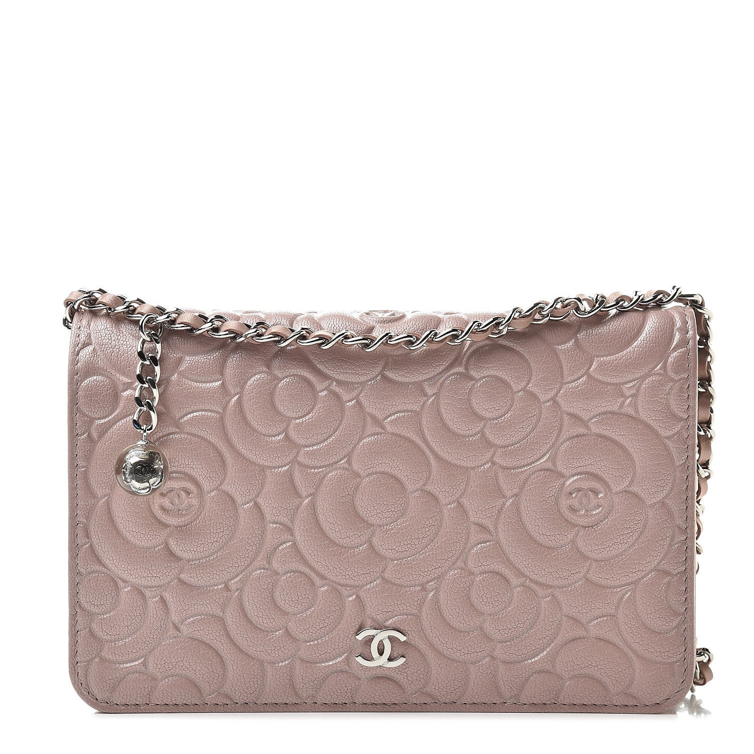 Chanel Goatskin Camellia Embossed Wallet On Chain WOC Light Pink 1 of 12
