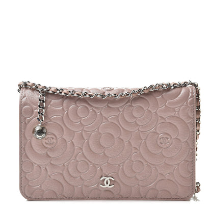 Chanel Goatskin Camellia Embossed Wallet On Chain WOC Light Pink 1 of 12