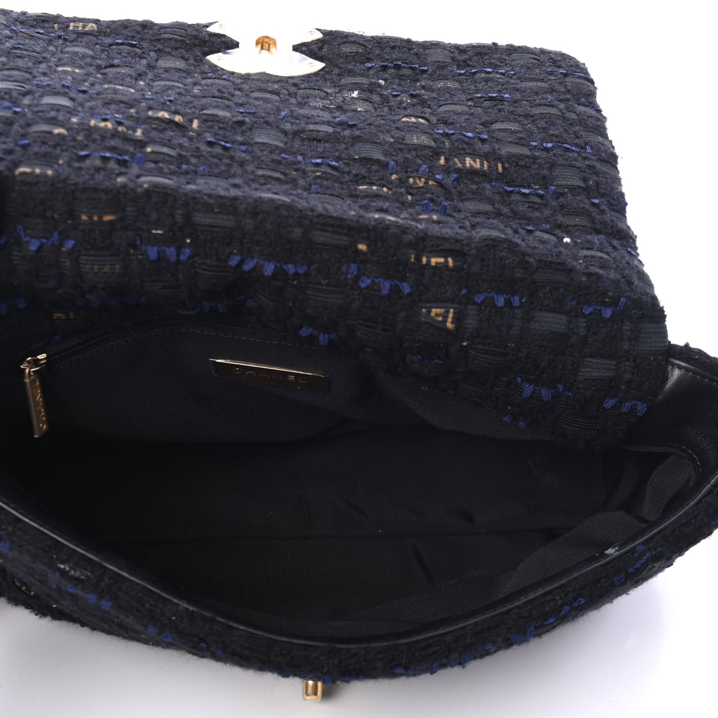Tweed Quilted Large Chanel 19 Flap Black Navy Gold