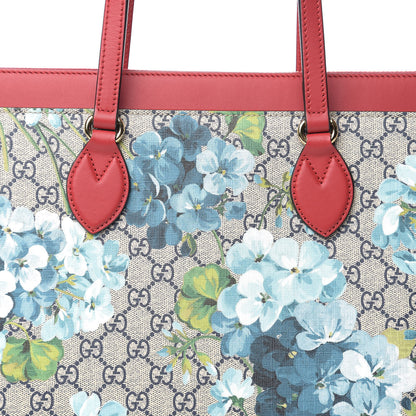Gucci GG Supreme Monogram Blooms Medium Zippered Bucket Tote Beige Blue Navy Hibiscus Red 9 of 9