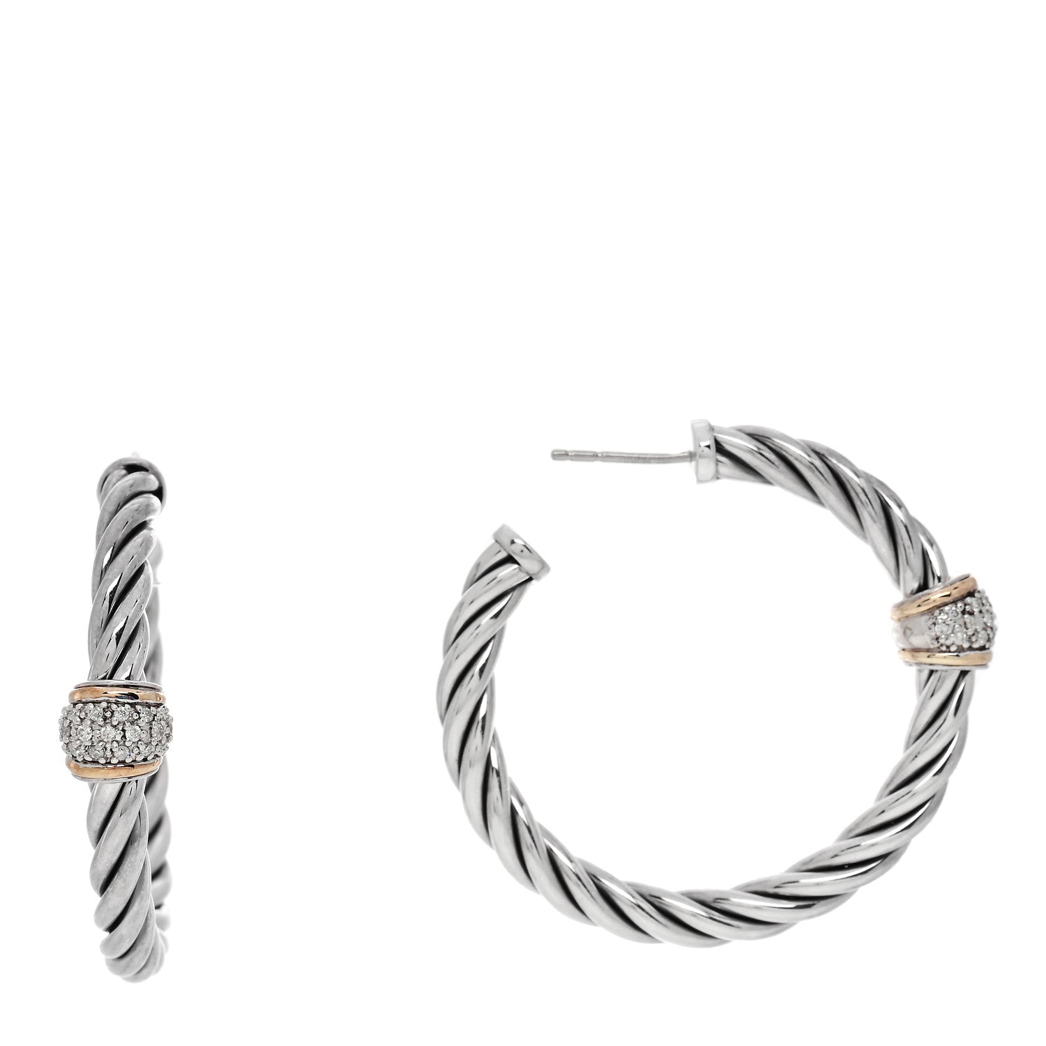 David Yurman Sterling Silver 18K Yellow Gold Diamond Cable Classics Hoop Earrings 1 of 4
