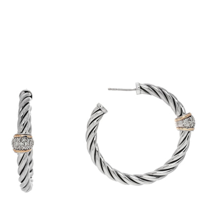 David Yurman Sterling Silver 18K Yellow Gold Diamond Cable Classics Hoop Earrings 1 of 4