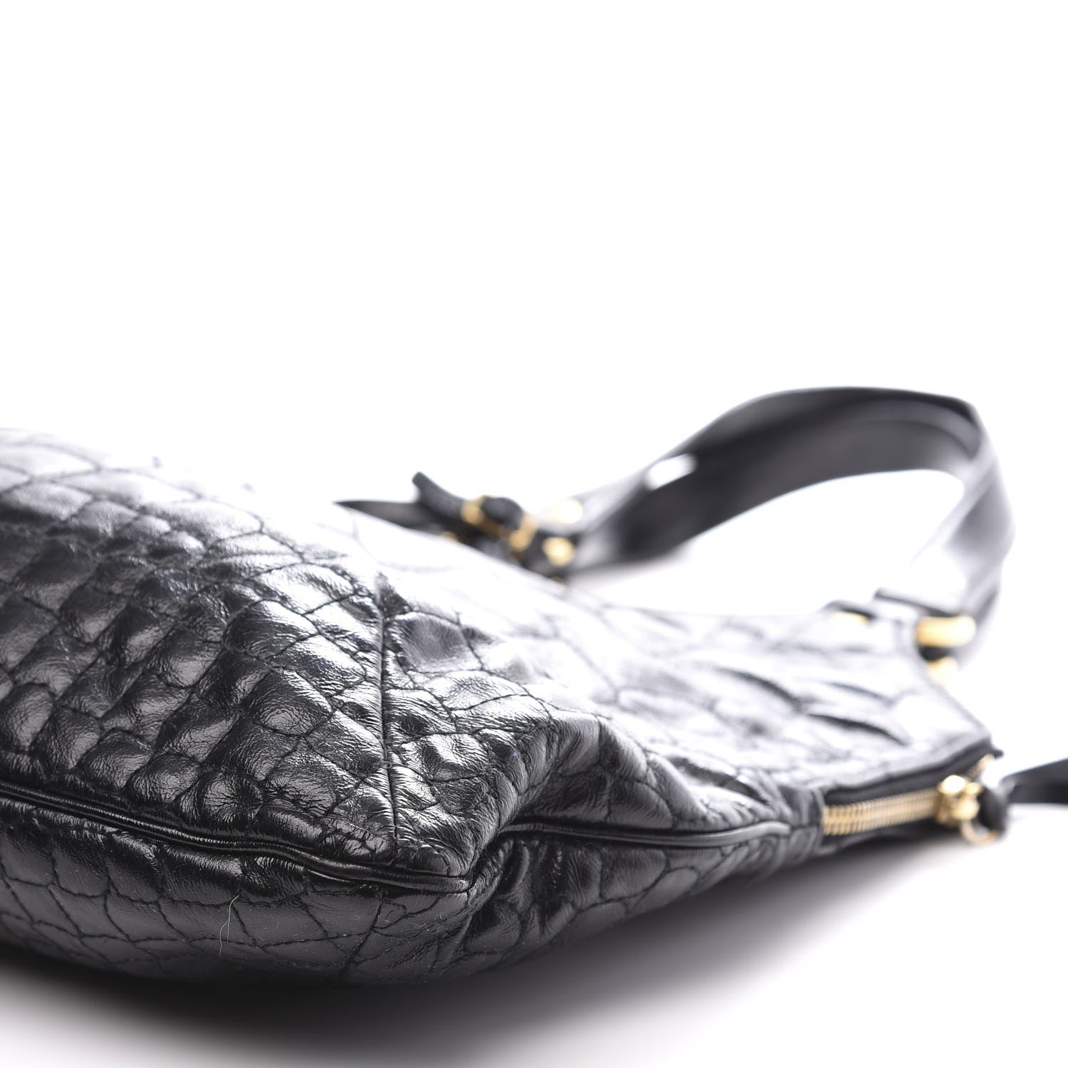 Saint Laurent Glazed Calfskin Crocodile Embossed Tribute Tote Black 8 of 9