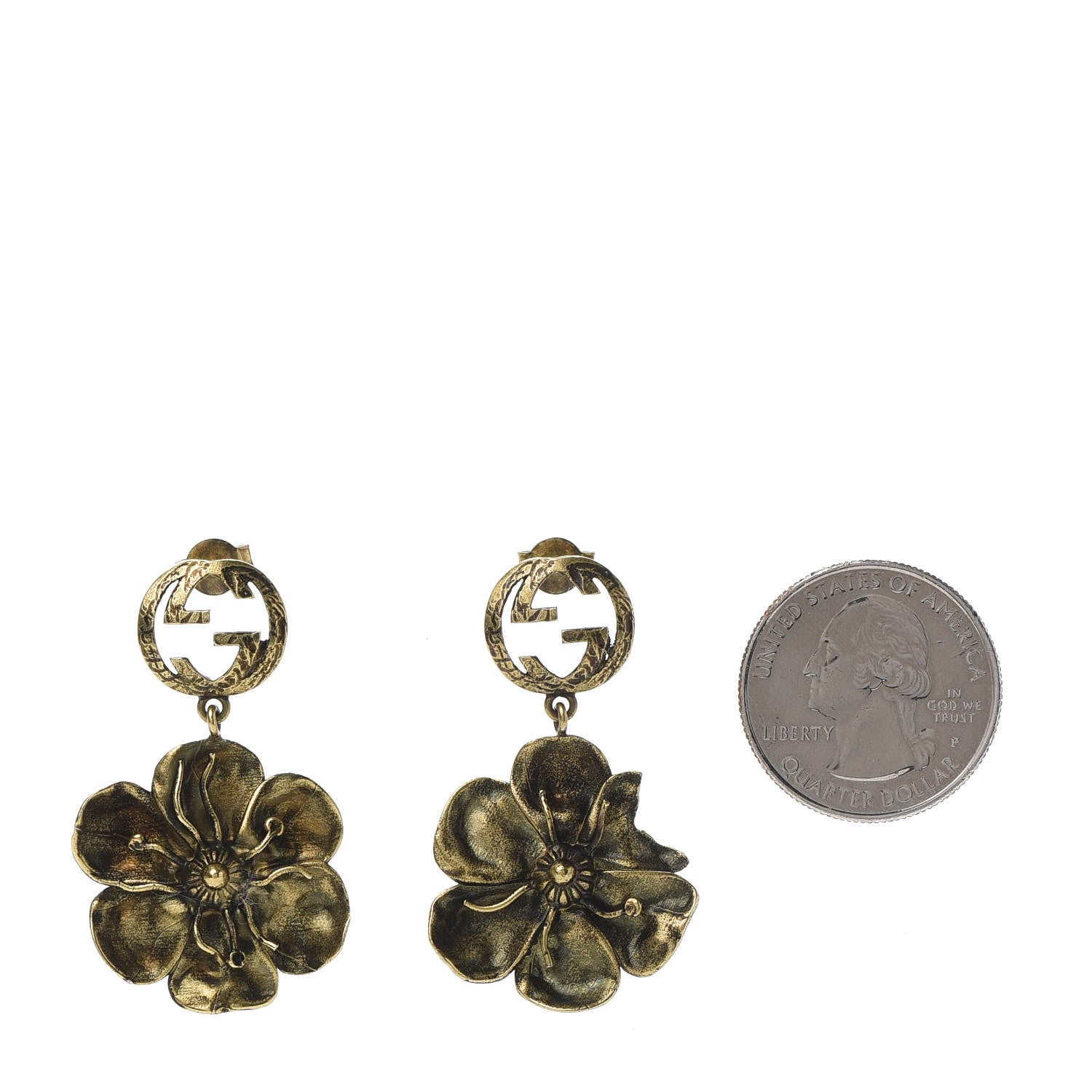 Gucci Metal Interlocking GG Floral Pendant Earrings Aged Gold 2 of 5
