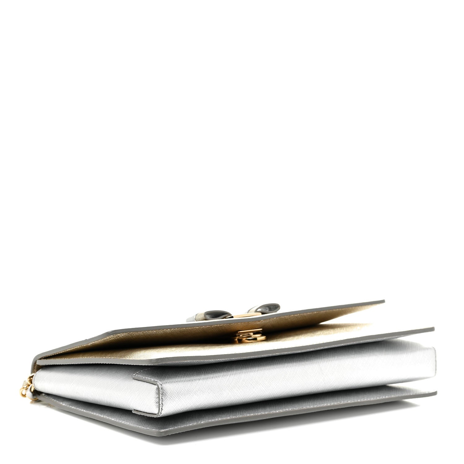 Salvatore Ferragamo Metallic Hammered Calfskin Vara Bow Chain Flap Crossbody Silver Gold 6 of 23