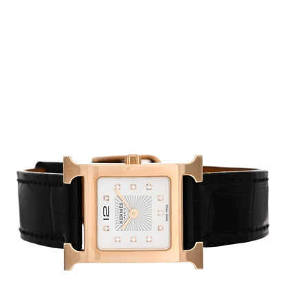 Hermes Stainless Steel Alligator Diamond Mother of Pearl 21mm Heure H Hour Quartz Watch Noir 2 of 5