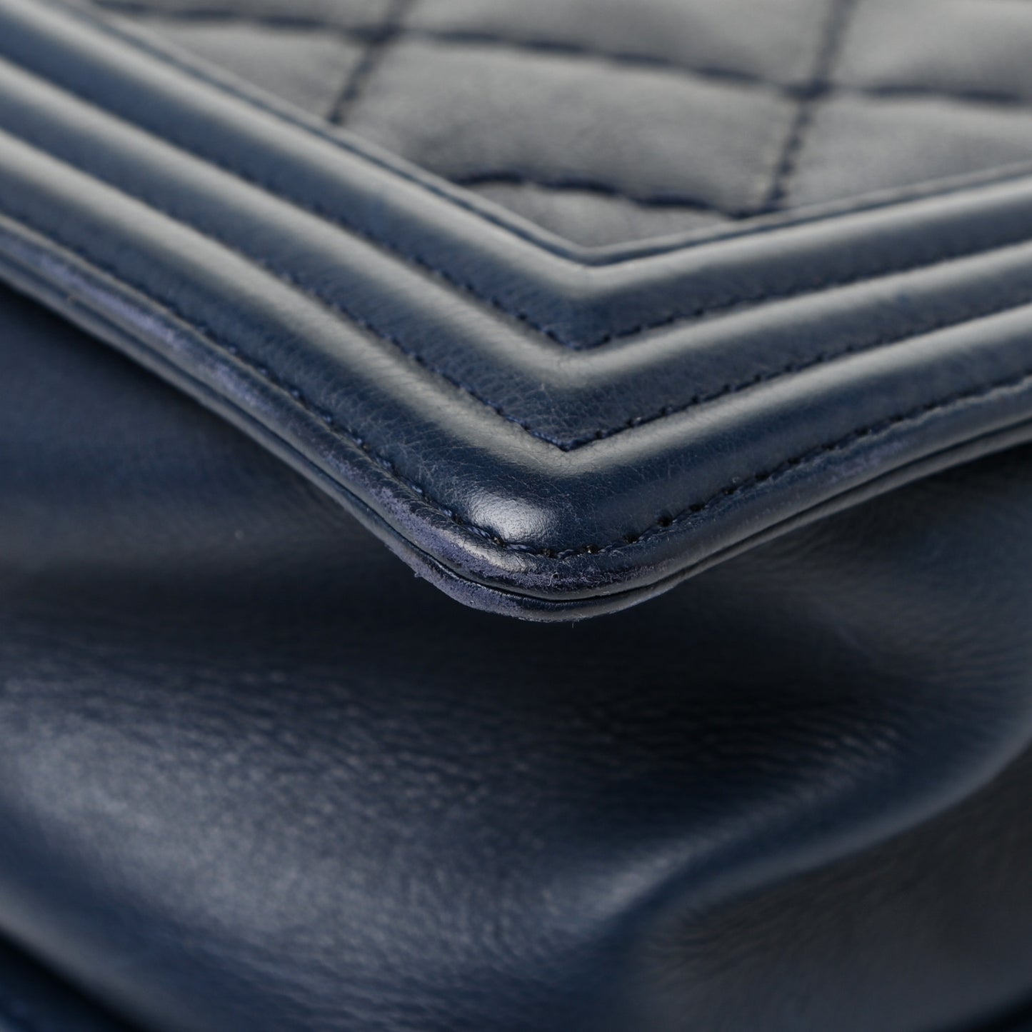 Calfskin Double Stitch Large Boy Flap Navy Blue