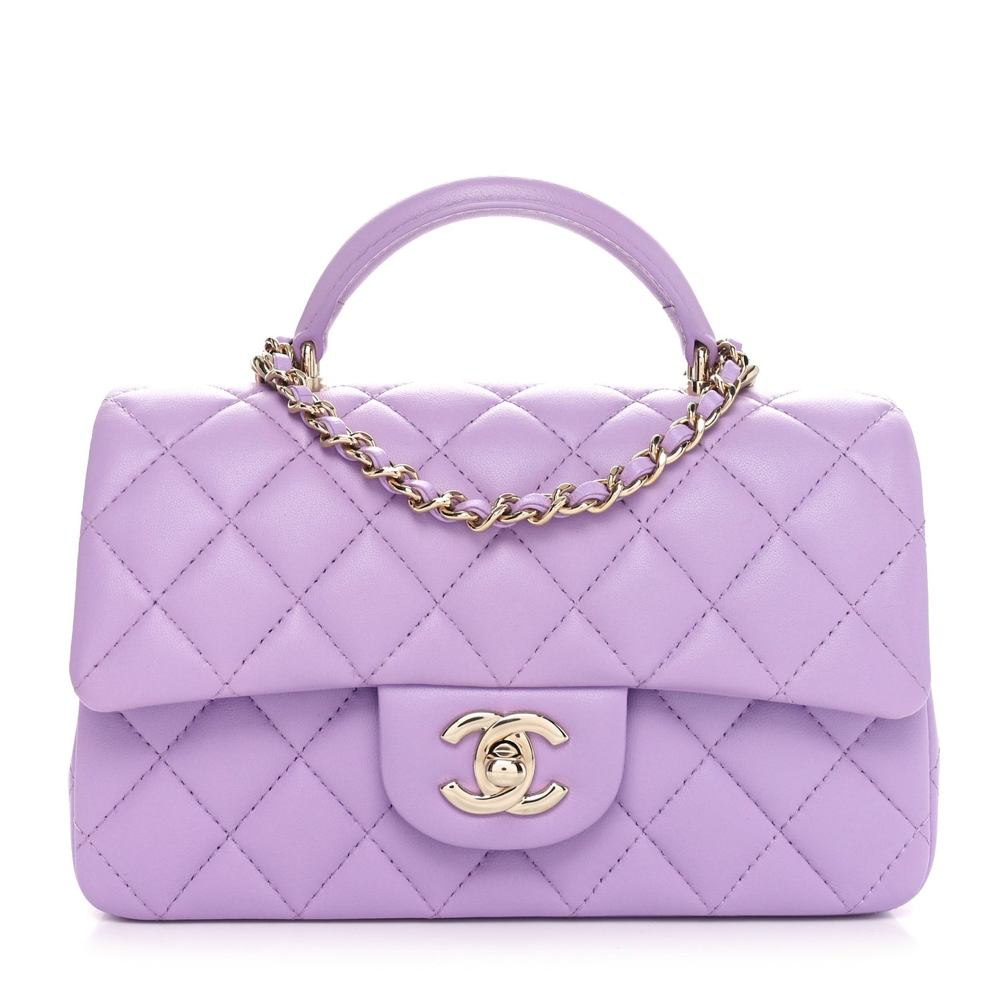 Lambskin Quilted Mini Top Handle Rectangular Flap Light Purple