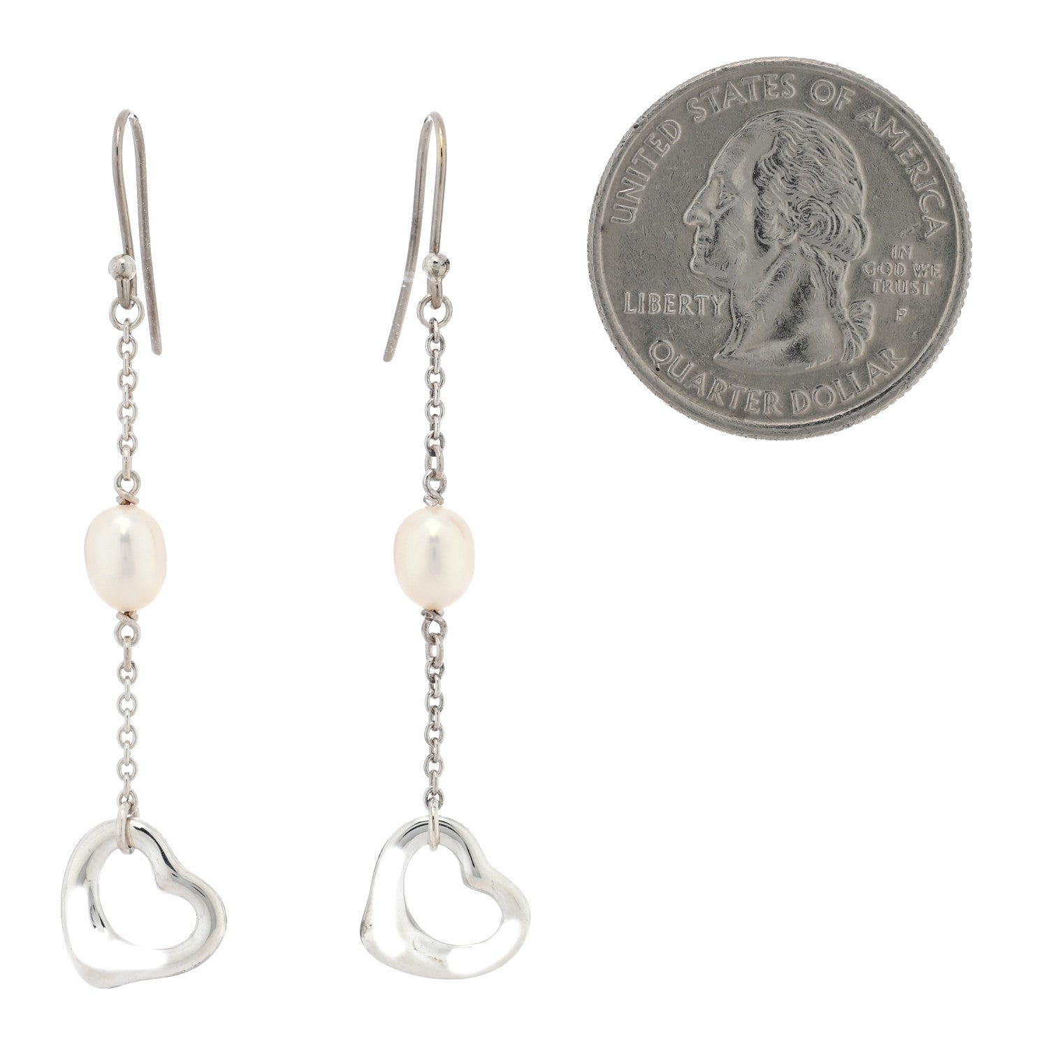 Tiffany Sterling Silver Cultured Pearl Elsa Peretti Loving Heart Drop Earrings 2 of 4