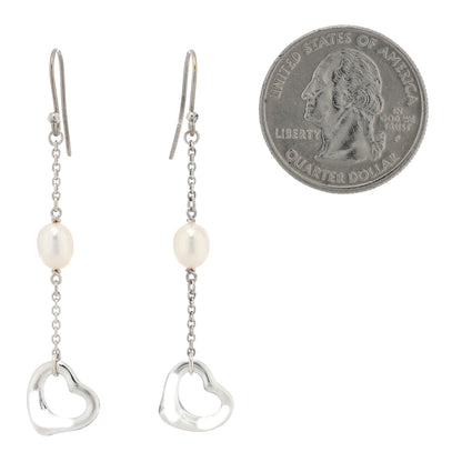 Tiffany Sterling Silver Cultured Pearl Elsa Peretti Loving Heart Drop Earrings 2 of 4