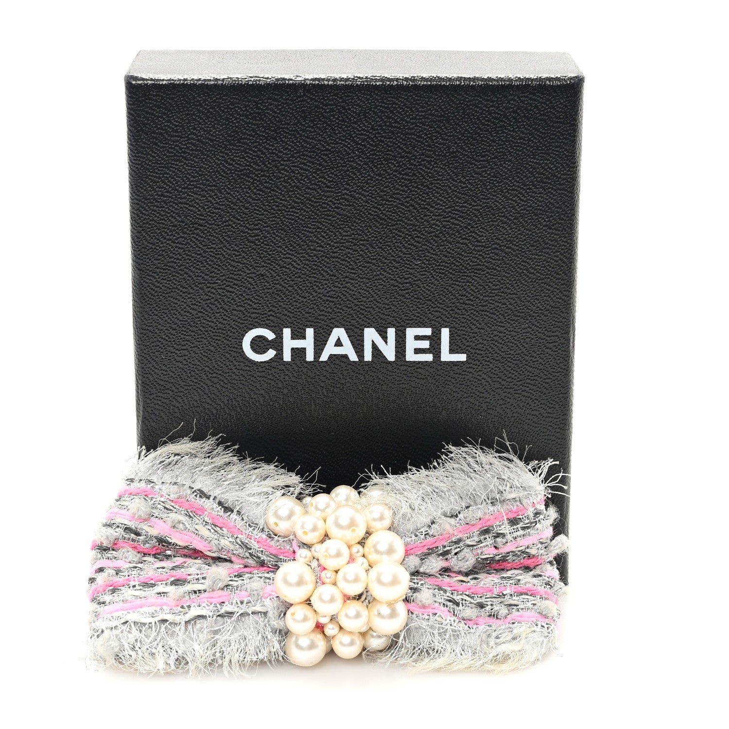 Chanel Metallic Tweed Pearl Bow Barrette Grey Pink 4 of 4