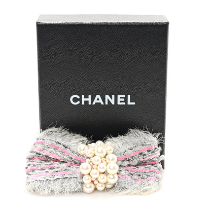 Chanel Metallic Tweed Pearl Bow Barrette Grey Pink 4 of 4