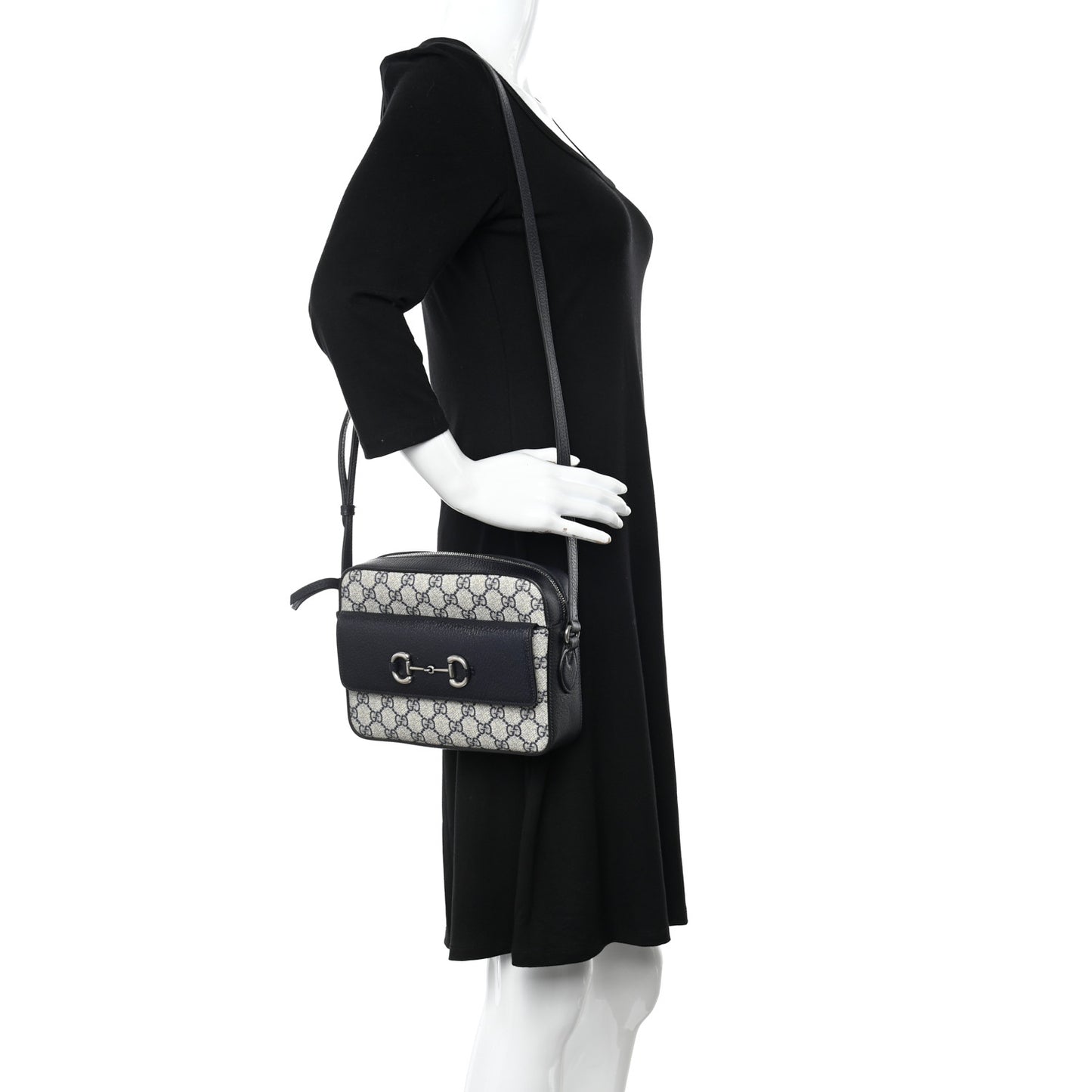 GG Supreme Monogram Textured Dollar Calfskin Small Horsebit 1955 Shoulder Bag Beige Blue
