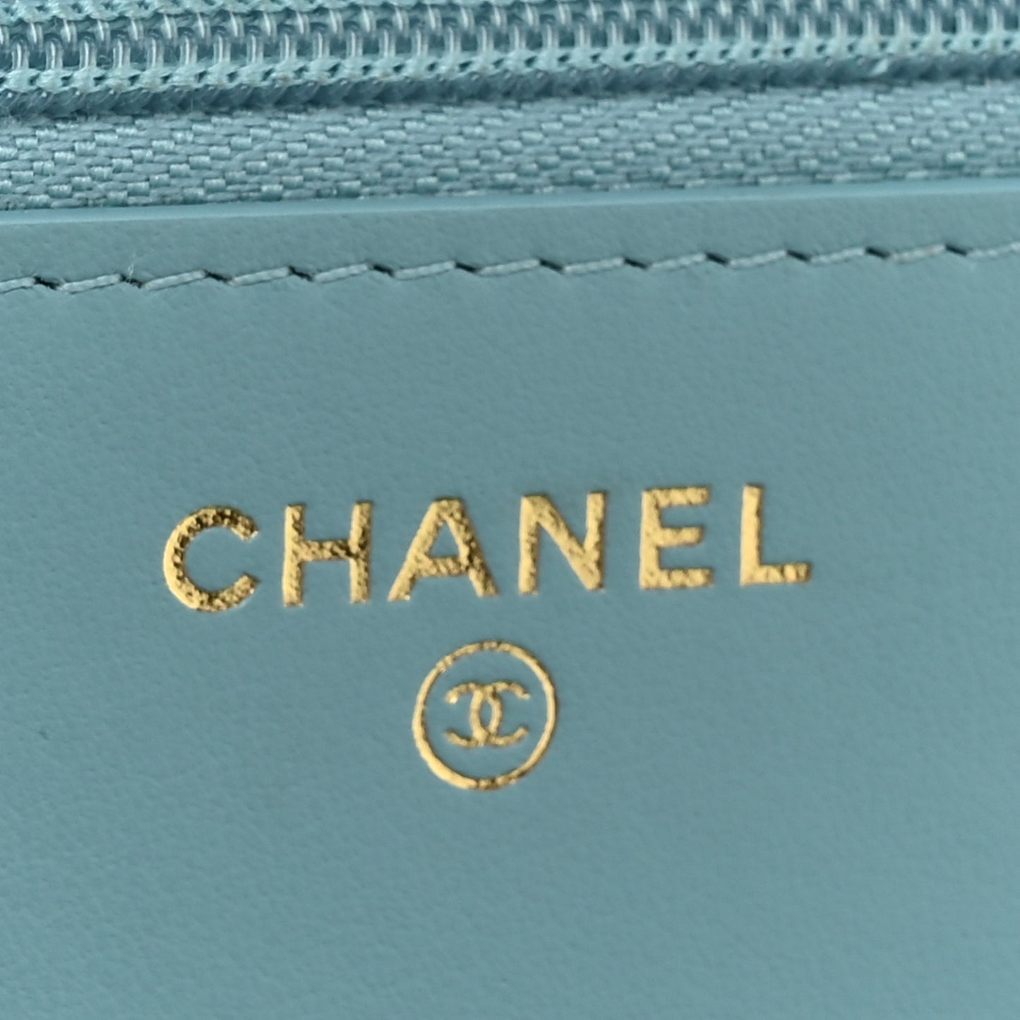 Caviar Quilted Glitter CC Roller Skate Wallet on Chain WOC Light Blue