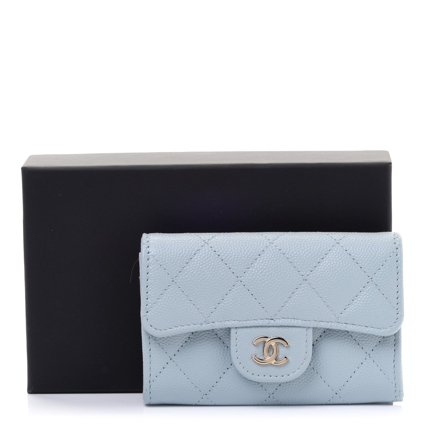 Caviar Quilted Flap Card Holder Wallet Light Blue
