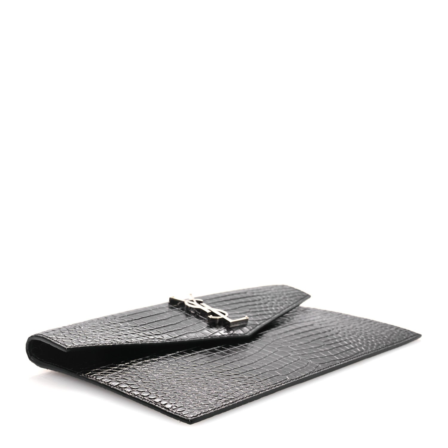 Saint Laurent Calfskin Crocodile Embossed Uptown Monogram Pouch Black 4 of 7