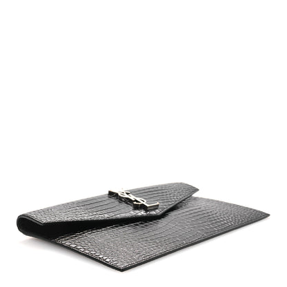 Saint Laurent Calfskin Crocodile Embossed Uptown Monogram Pouch Black 4 of 7