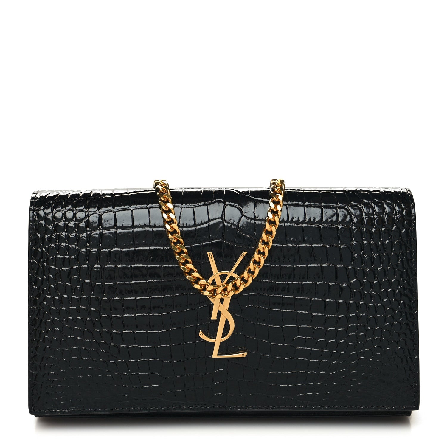Saint Laurent Calfskin Crocodile Embossed Cassandre Wallet On Chain WOC Black 1 of 11