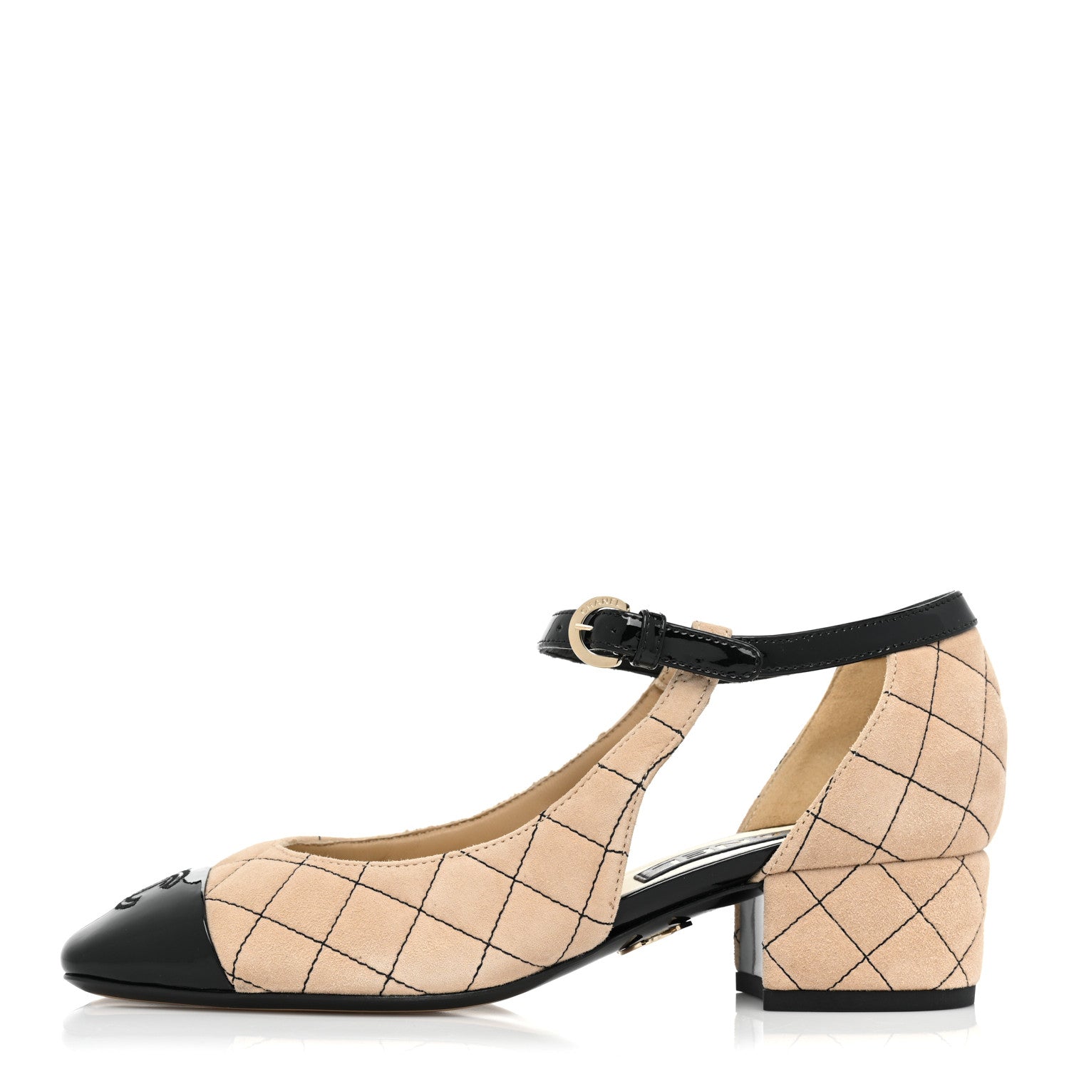 Chanel Suede Kidskin Patent Cap Toe Quilted Mary Jane Flats 36.5 Beige Black 1 of 8