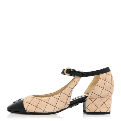 Chanel Suede Kidskin Patent Cap Toe Quilted Mary Jane Flats 36.5 Beige Black 1 of 8