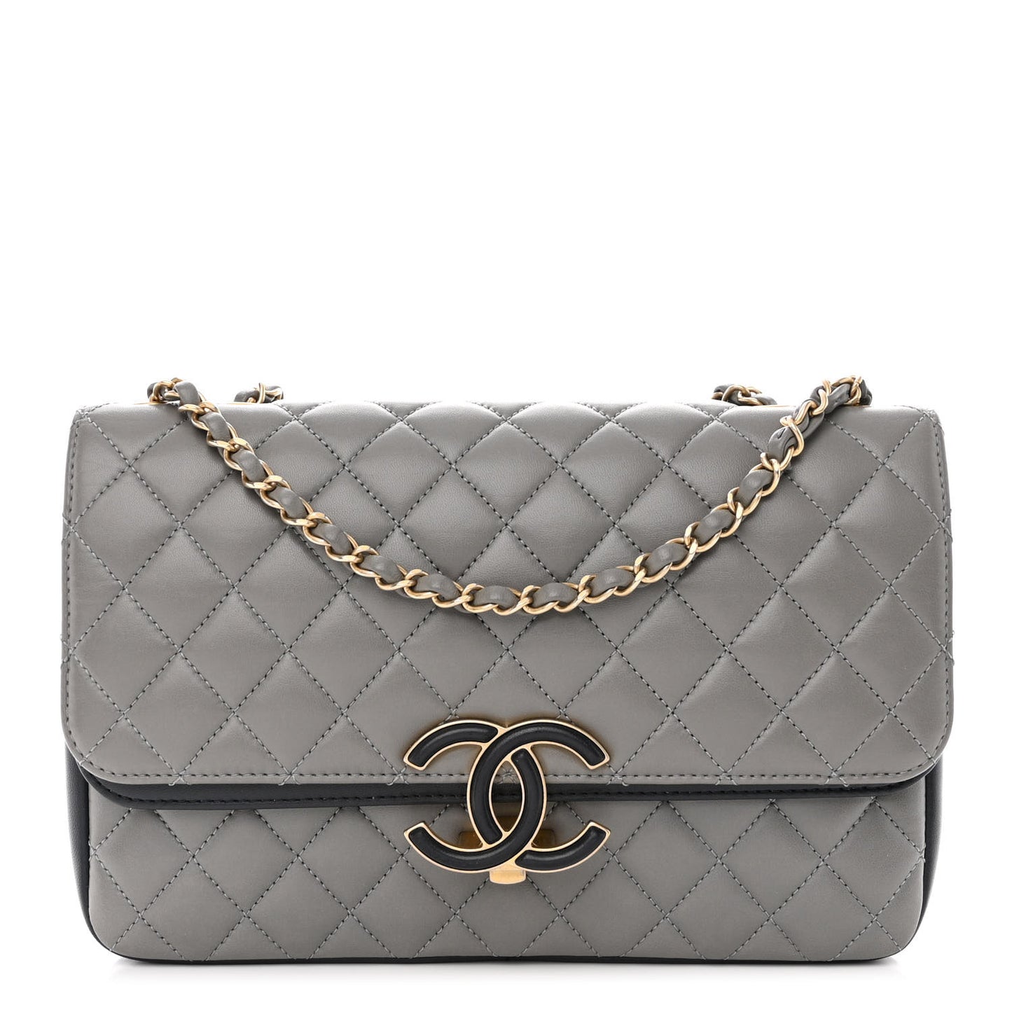 Lambskin Quilted Large CC Chic Flap Grey Dark Navy