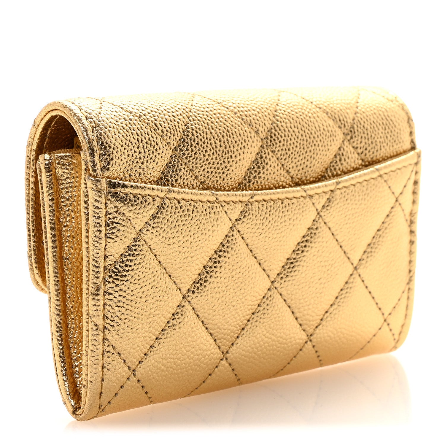 Chanel Metallic Caviar Quilted Flap Card Holder Wallet Gold