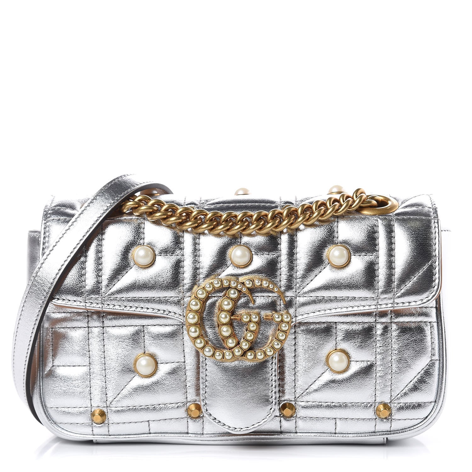 Gucci Metallic Calfskin Matelasse Studded Mini Pearly GG Marmont Shoulder Bag Silver 1 of 10