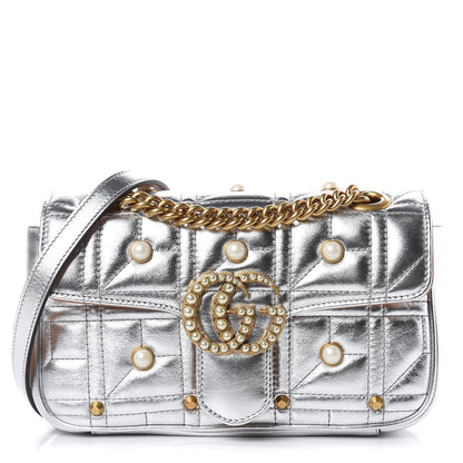 Gucci Metallic Calfskin Matelasse Studded Mini Pearly GG Marmont Shoulder Bag Silver 1 of 10