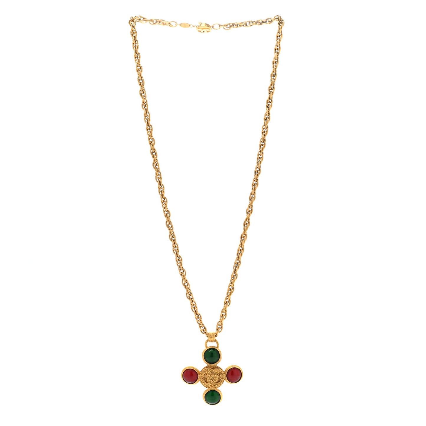 Crystal Gripoix Poured Glass Brooch Pendant Necklace Gold Green Red