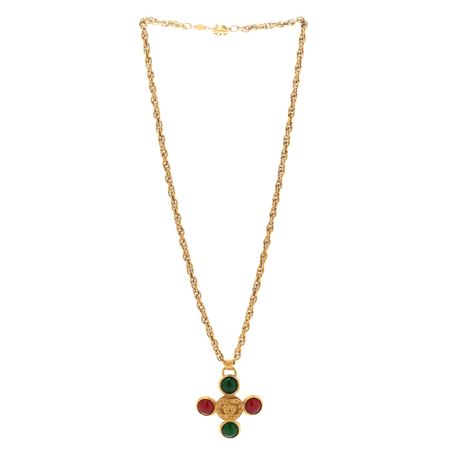 Chanel Crystal Gripoix Poured Glass Brooch Pendant Necklace Gold Green Red 3 of 7