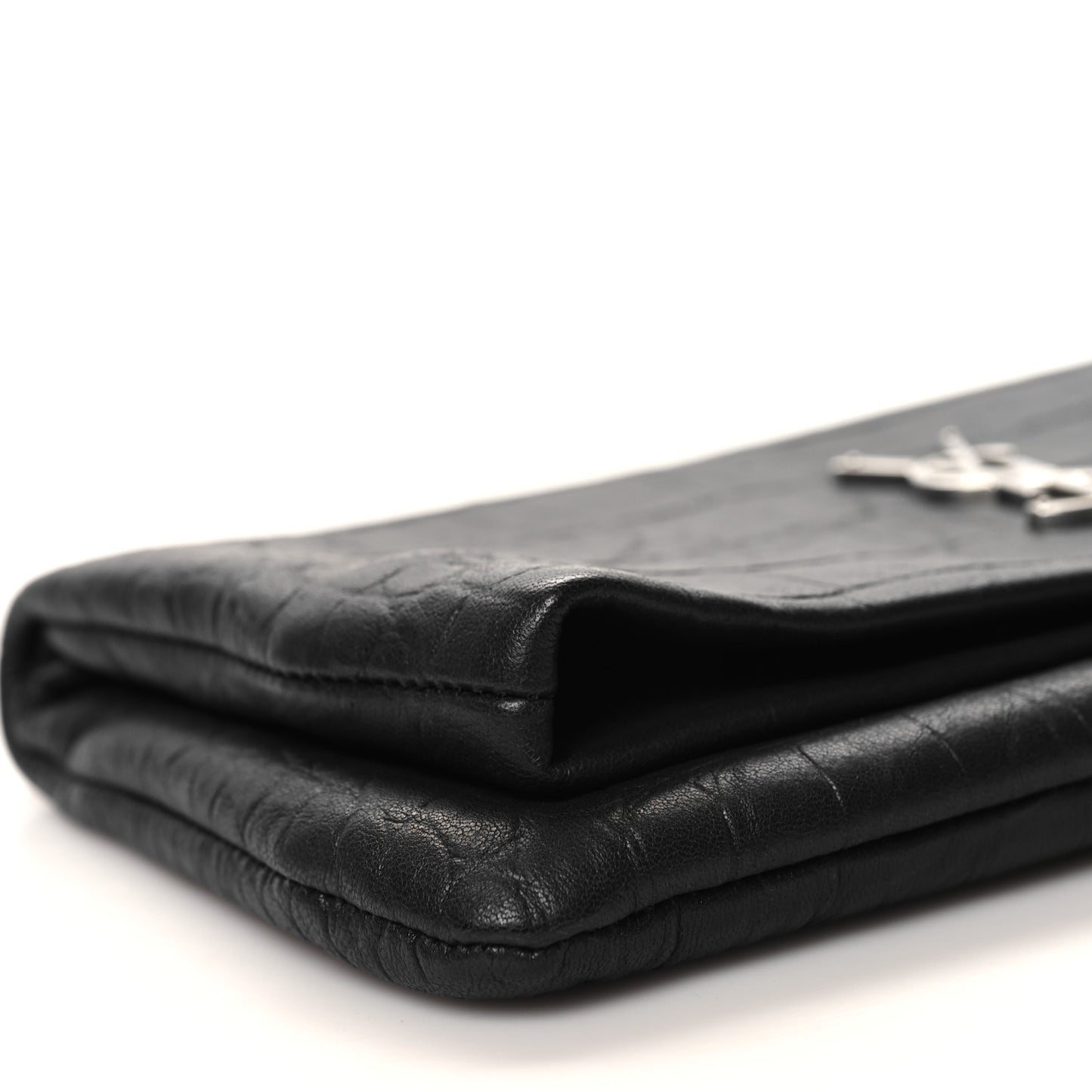 Calfskin Crocodile Embossed West Hollywood Monogram Fold Over Clutch Black