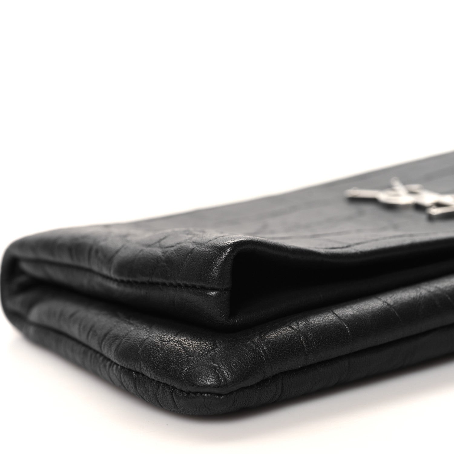 Saint Laurent Calfskin Crocodile Embossed West Hollywood Monogram Fold Over Clutch Black 9 of 10