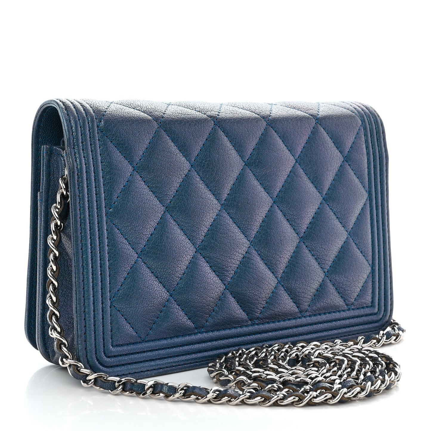 Iridescent Goatskin Quilted Boy Wallet On Chain WOC Blue