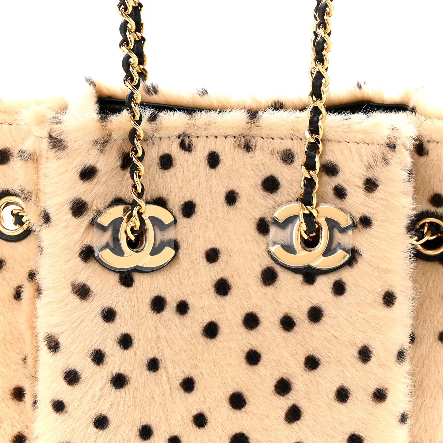 Pony Hair Cheetah Printed CC Chain Bucket Bag Light Beige Black
